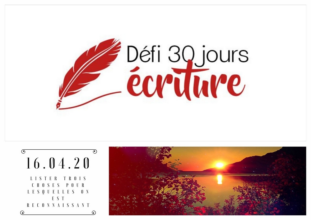 Défi 30 jours d’écriture, jour 16 : lister 3 choses pour lesquelles nous sommes reconnaissant•e•s